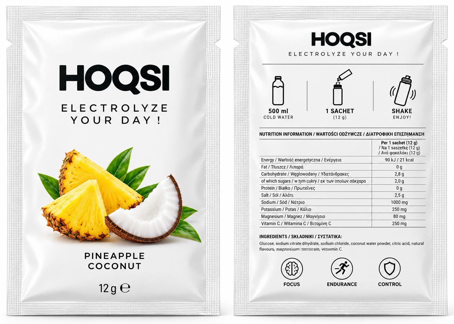 Przód saszetki HOQSI Pineapple Coconut, z ananasem i kokosem